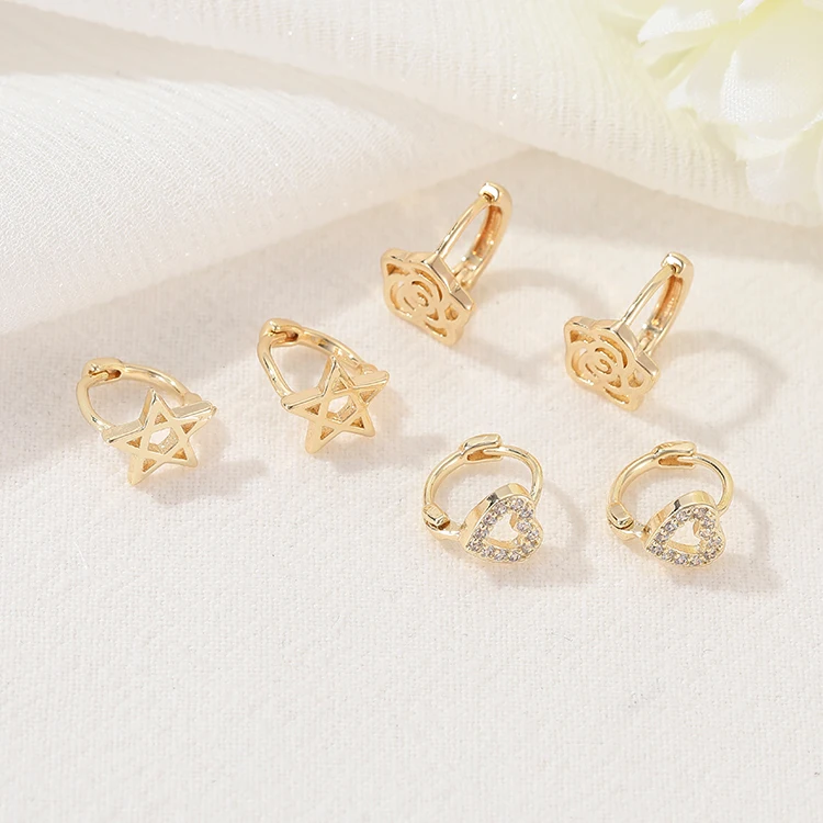 2021 New Trendy Hollow Rose Flower Star CZ Heart shape 14K Gold Plated Small Hoop earrings