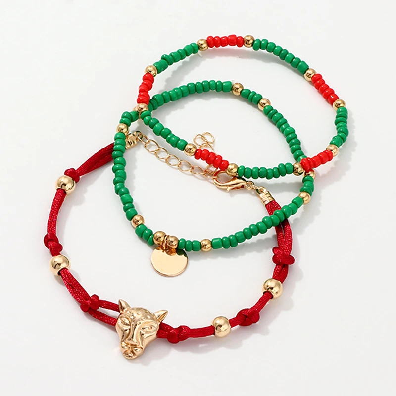 

Tribal Handmade Red Green Contrast Color 3 Pieces Leopard Head Charm Seed Bead Bracelet Set, As per picture is