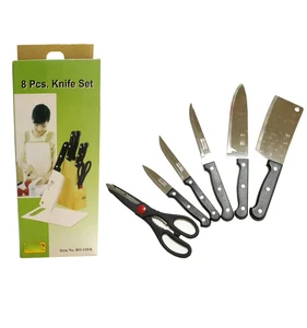 Image of cheap stock stainless steel kitchen knife set with wooden stand