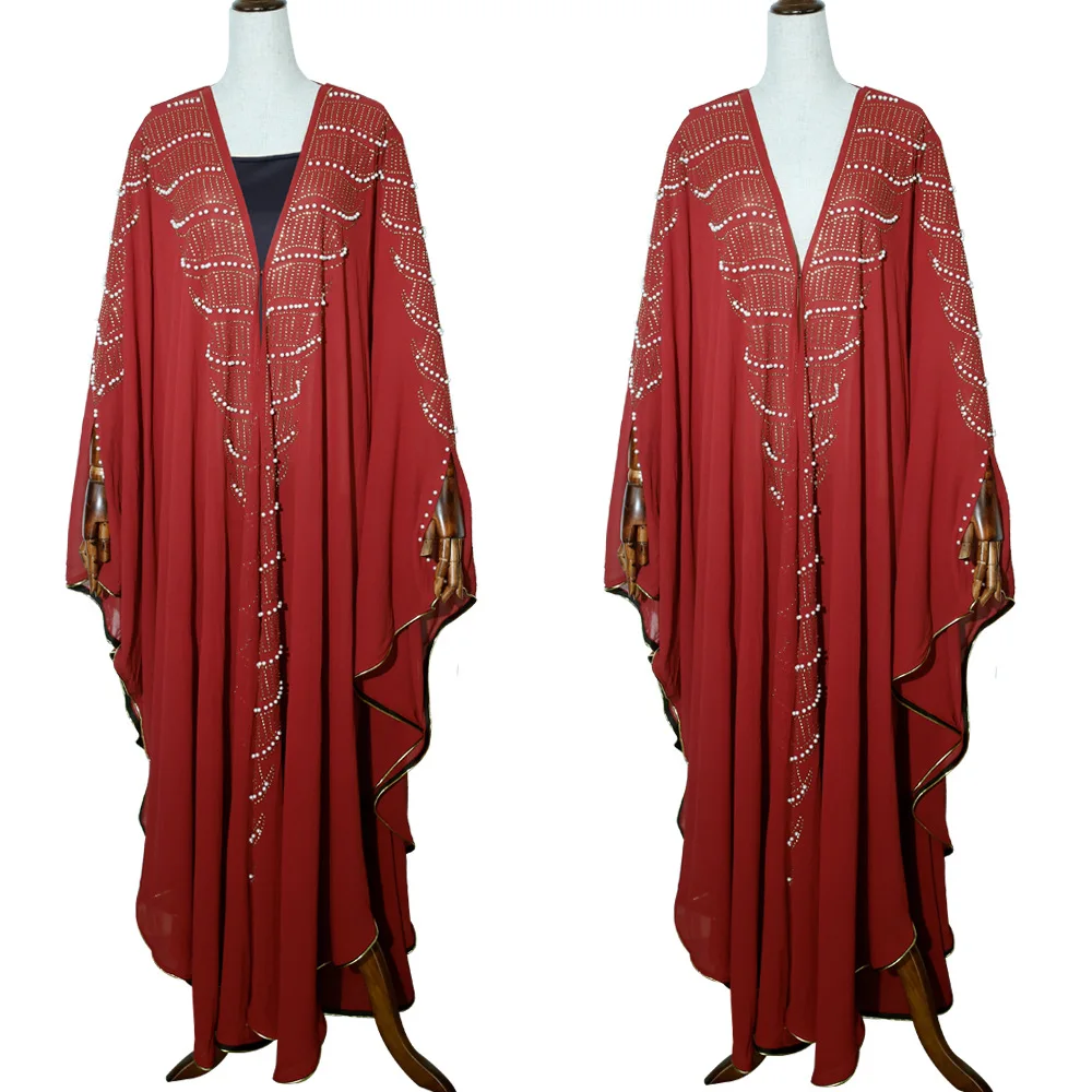 

High quality Embroidered pearl chiffon hooded dress muslim women dress, Red,green,black,blue