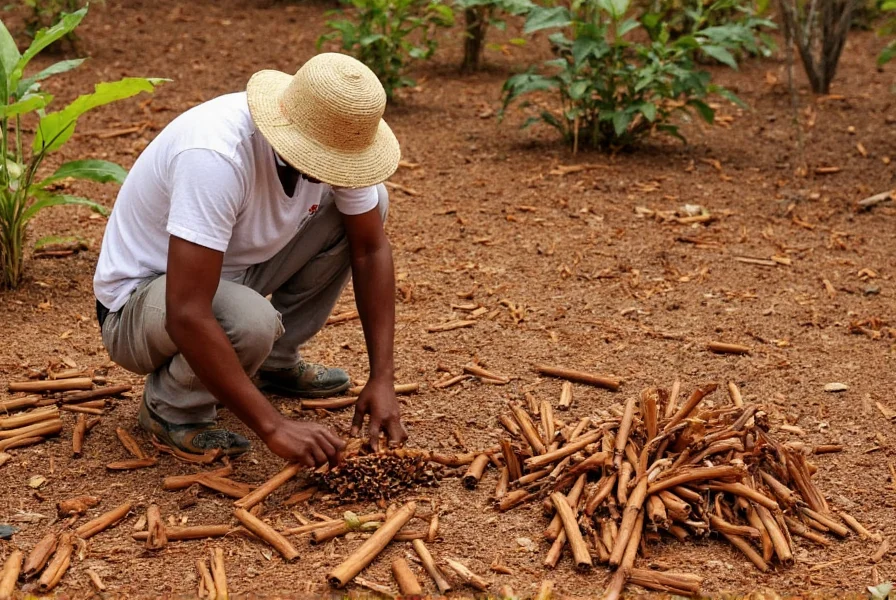 Sri Lankan farmer harvesting cinnamon bark using traditional peeling methods