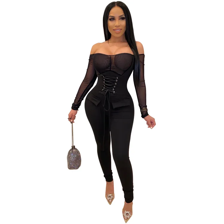 

Women's Mesh Waist Lace Up Sexy Long Sleeve One Shoulder One Piece Pants
