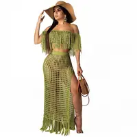 

new style women summer two piece clothing off shoulder tassel swim wear cover up beach maxi dress