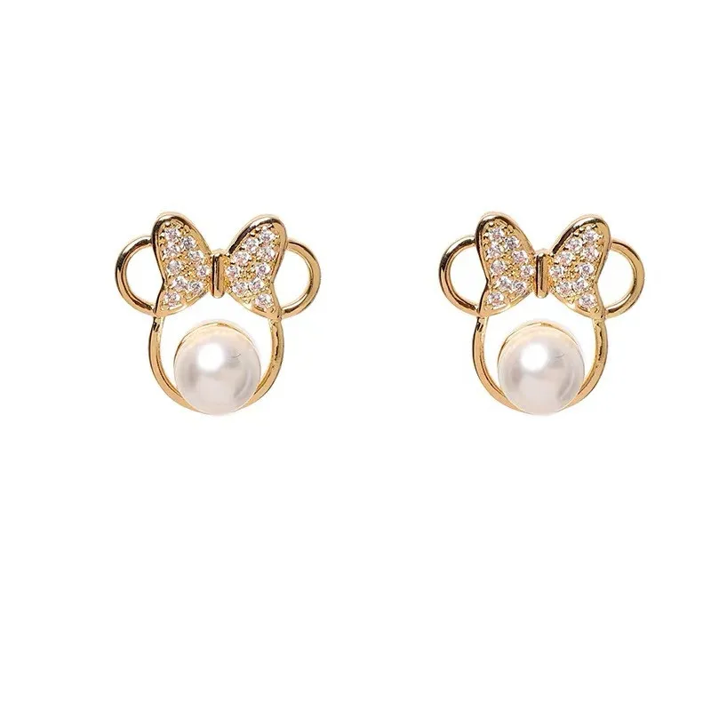 

Hot Selling Bowknot Mickey Head S925 Silver Needle Stud Earrings Small Pearl Cute Little Fragrant Mouse Rhinestones Earrings