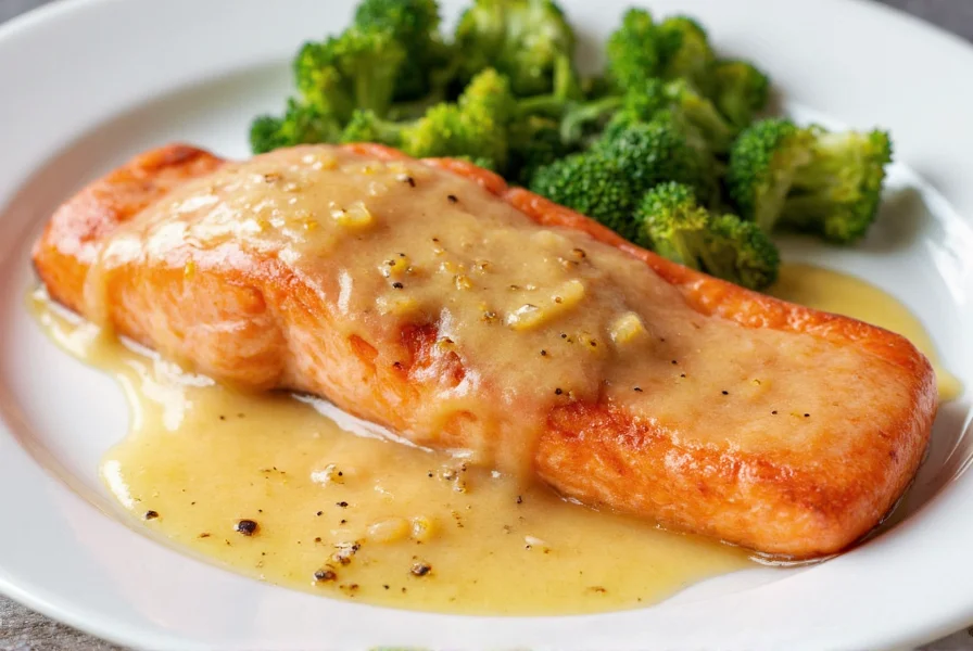 Grilled salmon fillet drizzled with wet lemon pepper sauce on white plate