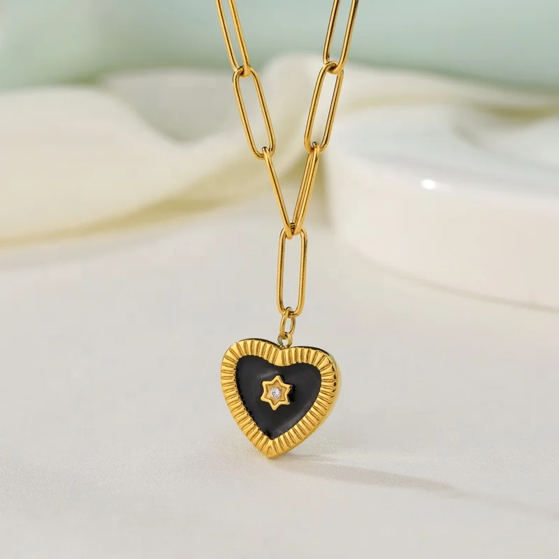 

MICCI Wholesale Custom 18K Gold Plated Stainless Steel Black Enamel Heart Pendant Necklace With Clip Chain