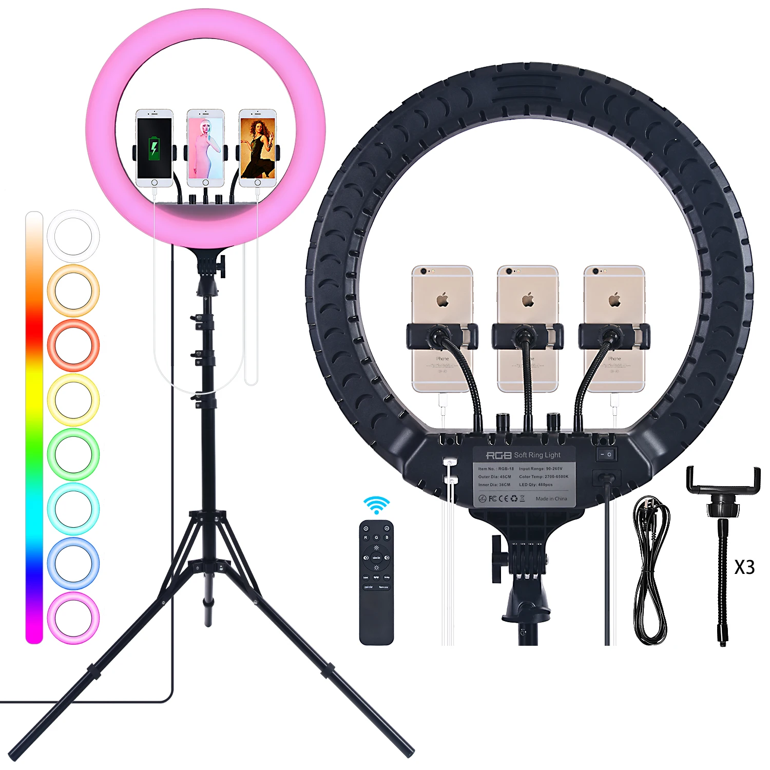 

FOSOTO 18 inch Led RGB Ring Light Photography Lamp Dimmable 2700-6500K Ringlight with tripod stand for Phone Makeup YouTube