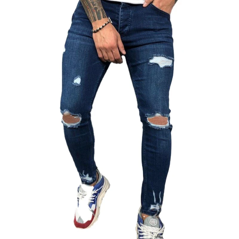 

APOLLO Factory Price Slim Fit Pencil Pants Knee Hole Black Blue Trousers Slim Denim Men's Jeans