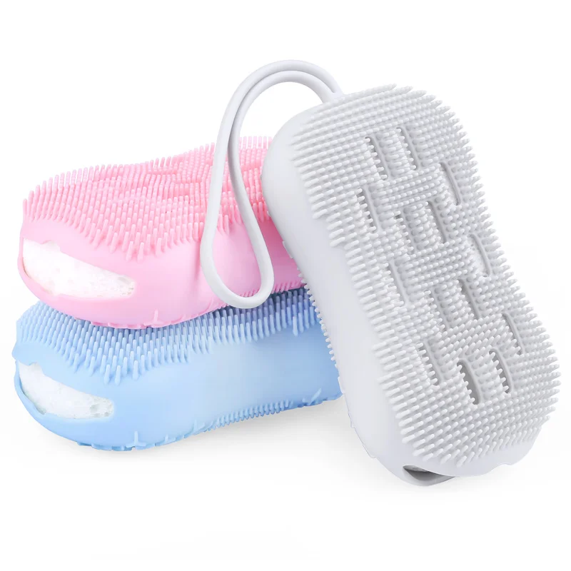 

OEM/ODM Custom New Ideas Loofah Body Brushes Bath Sponge Dry Exfoliating Silicone Massage Spa soft Brush Bathroom, Pink, light gray,pastel blue,blue green.