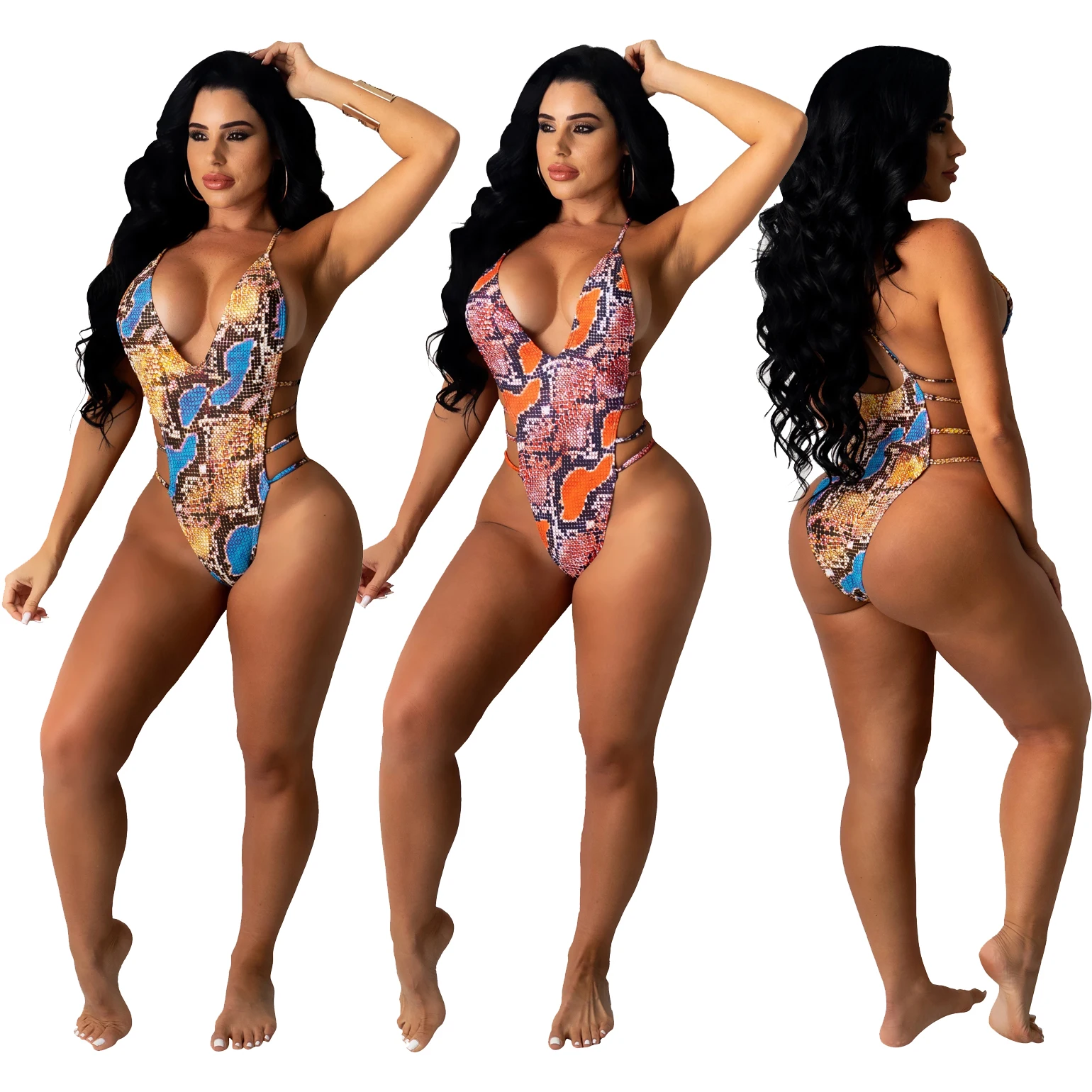 

Hot Sale European Sexy Set Snake Printing Cut Out Backless One-piece Swimsuit Women Swimwear, Picture color