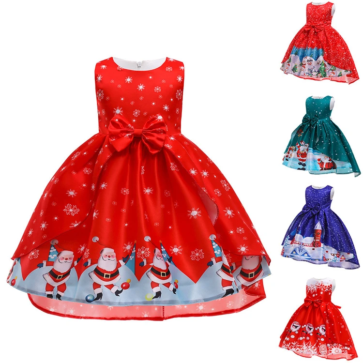 

Girls Christmas And Christmas Eve Party Celebrate Princess Dresses Snow Print New Year Performance Dresses, As the picture show