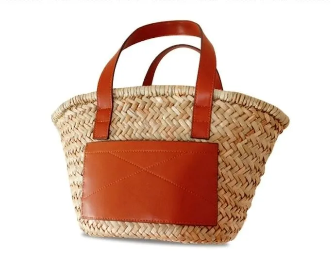 

2021 summer new round bucket hand-carried bag with straw weaving female retro style leisure hand bag with solid color, Accept custom made