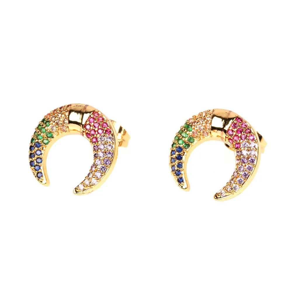 

Luxury Real 18K Gold Plated Rainbow CZ Cubic Zirconia Moon Stud Earrings Bling Rhinestone Crystal Horns Earring For Party Club