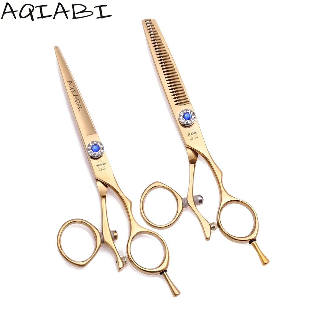 

Hair Thinning Scissors 5.5'' 6" AQIABI JP 440C Hair Cutting Scissors Hairdressing Scissors Swivel Thumb Black A9019, Gold color