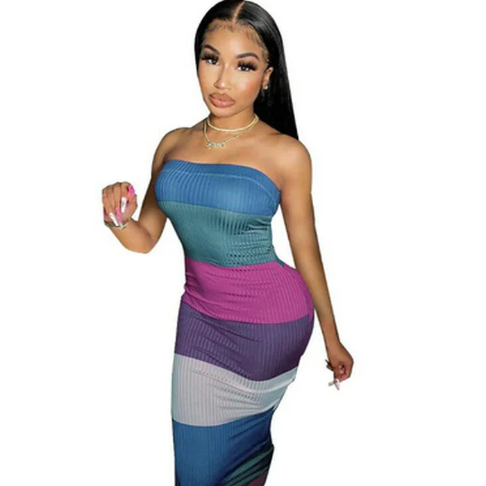 

Hot Sale Women Boutique Fashion Dress Wholesale Color Blocking Strapless Breast Wrap Long Dresses Women Sexy Dress, Picture color