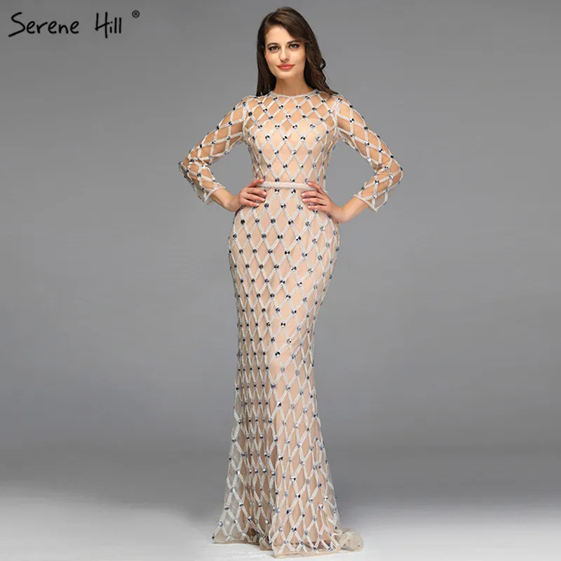 

Nude O Neck Long Sleeves Crystal Beaded Evening Dresses 2021 Serene Hill LA60977 Muslim Elegant Formal Party Gowns For Women