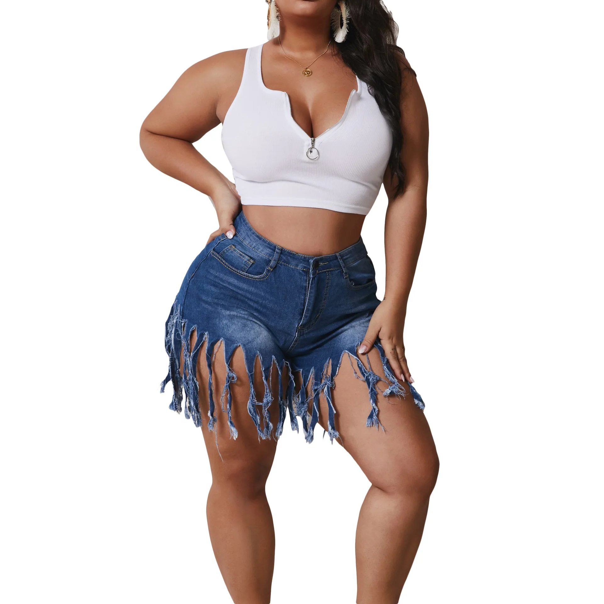 

2021 women plus size jeans denim pants ladies jeans high waistwomen plus size fringed washed and brushed denim shorts, Black/white/blue/yellow/orange/green