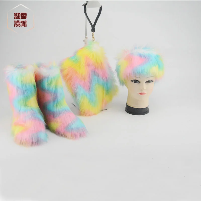 

Winter Furry rainbow shoes rainbow warm women set bag fur boots and matching headbands purses handbag, Customized color