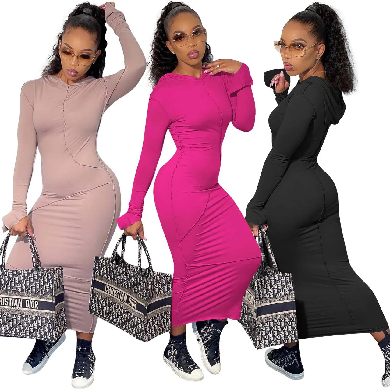 

Cotton Women's Casual Hoodie Dress Long Sleeve Bodycon Maxi Dress Sport Wear Hooded Shirt Dresses