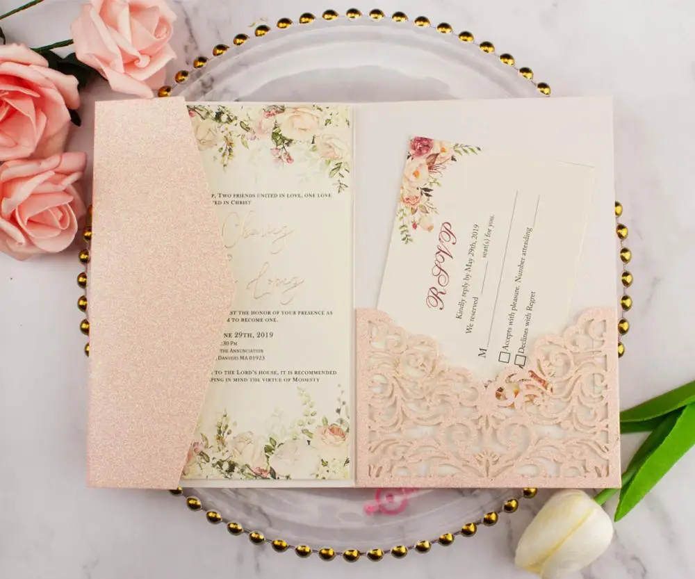 

New Laser Cut pink glitter paper 5x7 Wedding Invitations card trifold Cards Greeting Gift Pocket envelope invite cover for party