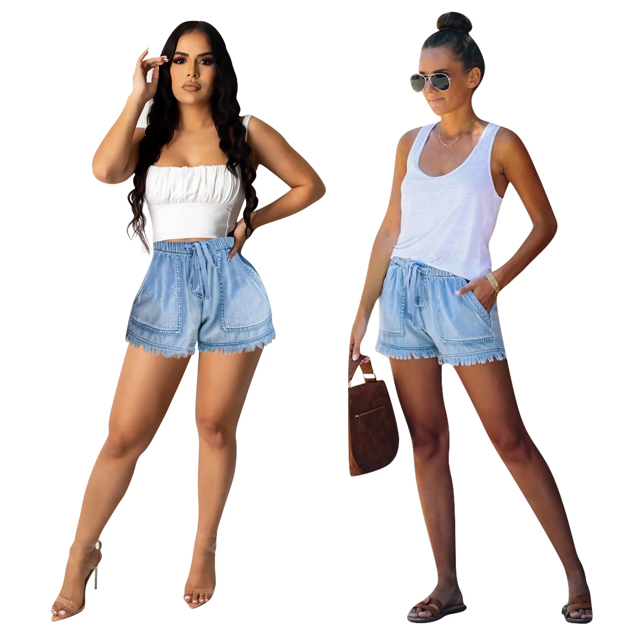 

Womens Pocket Jeans Denim Pants Female Tassel Bandage Bottom Casual Shorts Summer Homewear Ladies Short Pants, As picture