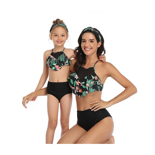 

Girls Swimsuit Falbala High Waisted Bathing Suit Halter Neck Bikini Swimwear Tankini for Family(Mom and Girl)