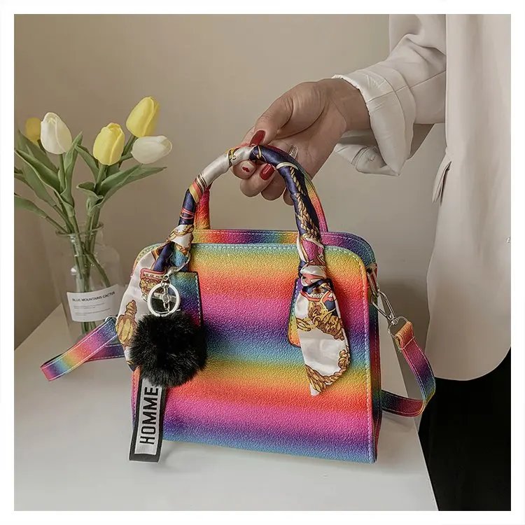 

2021 New Fashion Rainbow Colorful Women Brand Handbag PU Custom Luxury Crossbodybag, 4 colors