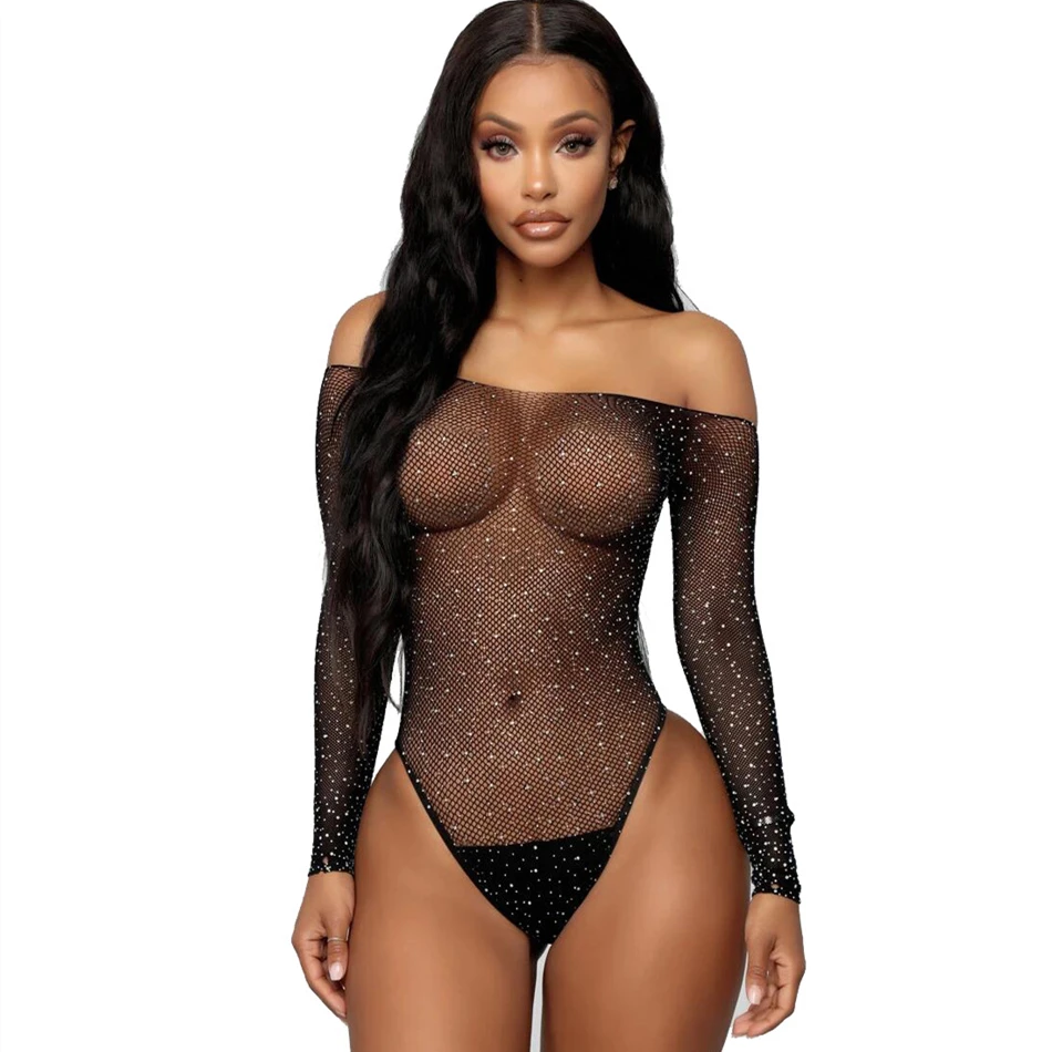 

New Sexy Lingerie Babydoll Fishnet Bling Club Body Mujer Bodysuit Hollow Out Off Shoulder See Through Women Sexy Mesh Stockings, Colors