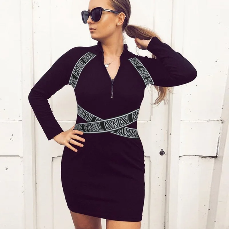 

2021 New Arrival High Quality Women sexy long sleeve zipper slim knit ladies casual dresses