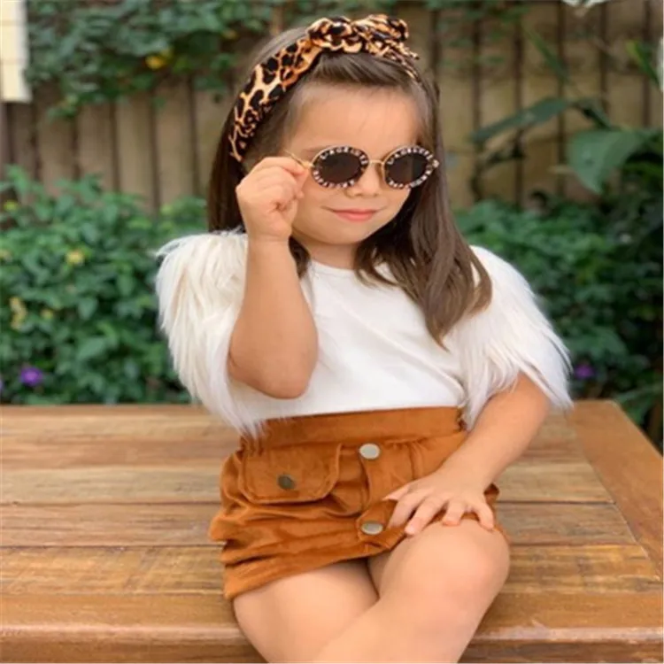 

Fashion Infant Girls Clothes Sets Fur Short Sleeve Tops Button A-Line Skirts 2Pcs girls Outfits Children clothing for 2-8Y