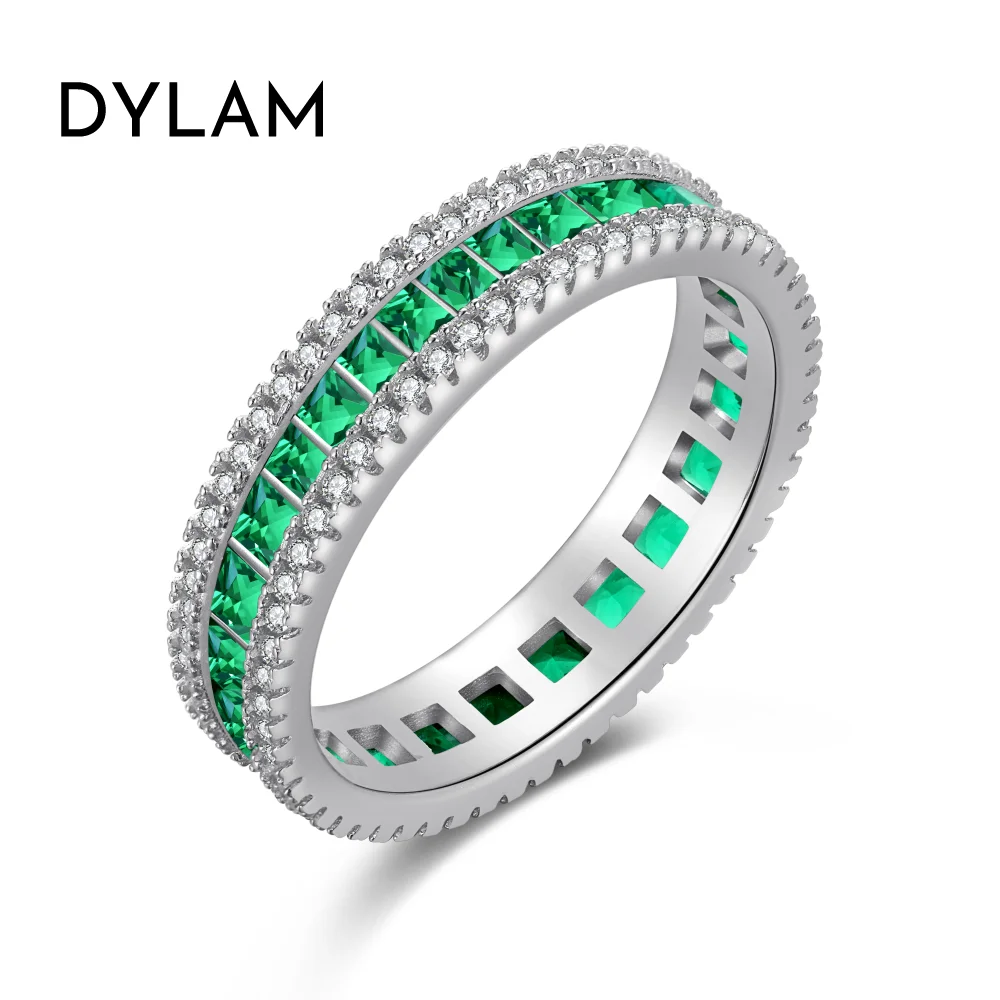 

Dylam Top End 925 Sterling Silver Rhodium Plated Square 5A Cubic Zirconia Pave Eternity Band Halo Women Wedding Promise Ring