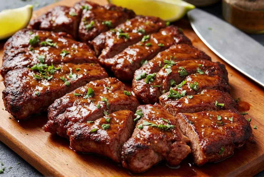 Carne asada being sliced on a wooden board