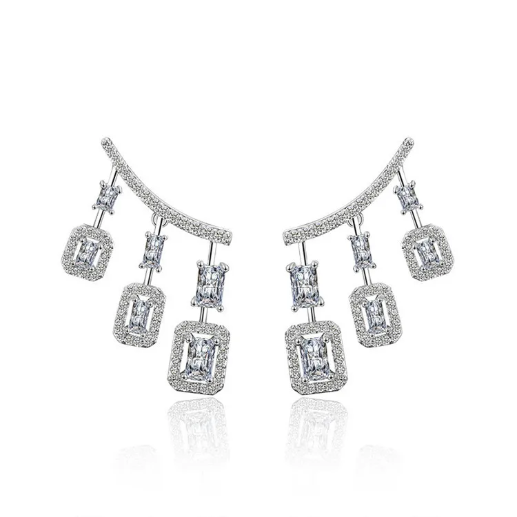 

Korea Style Jewelry White Cubic Zirconia Earrings Quadrilateral Tassel Dangle Earrings for Women Fashion Wedding Bridal Jewelry, White,gold,rose gold