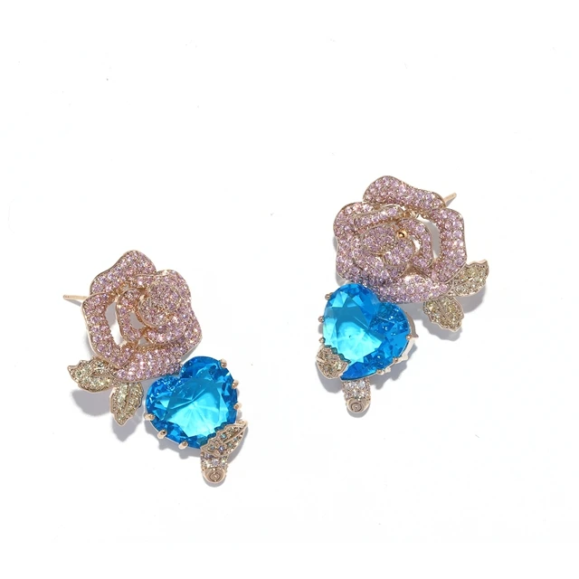 

Pink Rose With Blue Heart Jewelry Golden Stud Earring Wholesale Earrings 2021 Trend, As photo