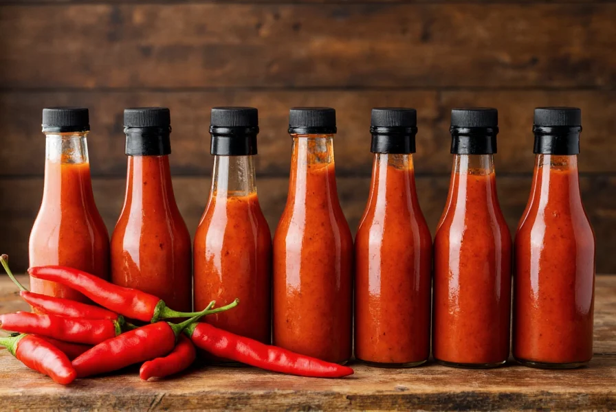 Various hot pepper sauce bottles arranged on wooden table with fresh chili peppers