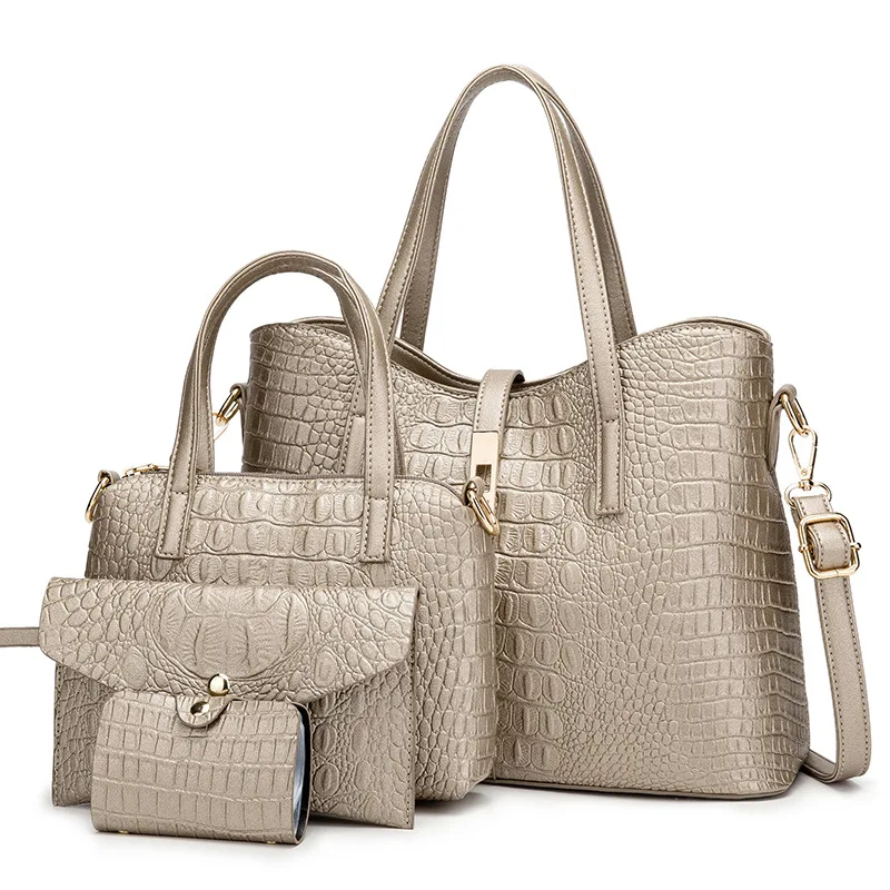 

Women Newest PU Leather Handbag Fashionable Crocodile Pattern Leather Shoulder Bag 4 PCS Classical Tote Crossbody Bag, As pic show