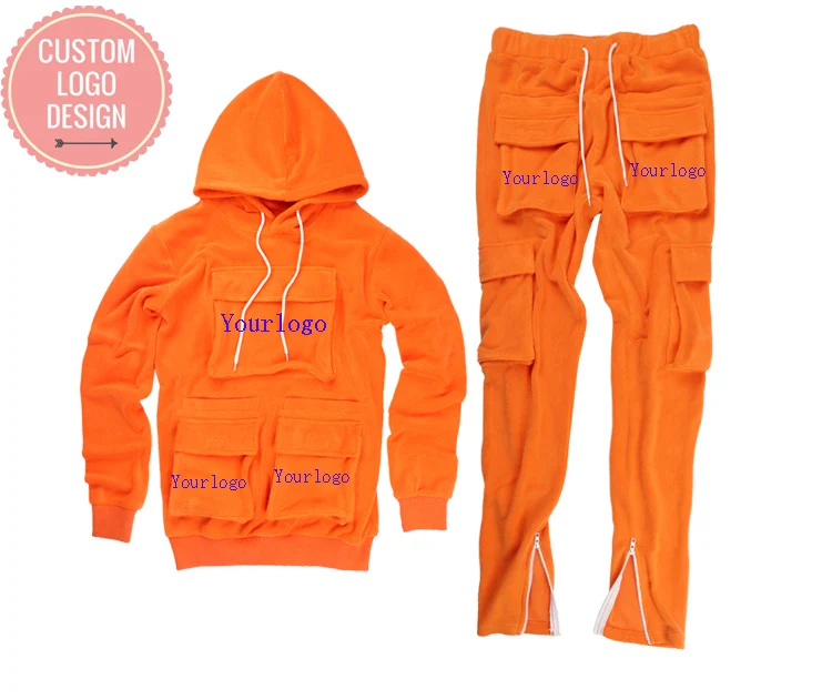 

Coustom logo jogging suits wholesale Solid color Tooling Tracksuits 6 Pockets Long Pants and Hoodie Jogging Suits for Men, Accept custom made color
