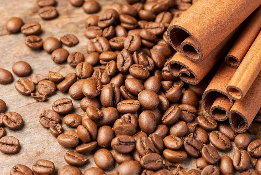 Scientific illustration showing molecular interaction between coffee compounds and cinnamon's cinnamaldehyde