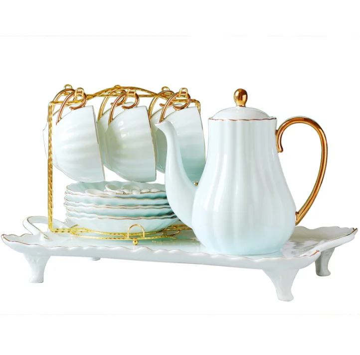 

20pcs High Quality European Luxury Household Ceramic Afternoon Teapot Tea cup Sets With Tray, White, pink, blue, yellow