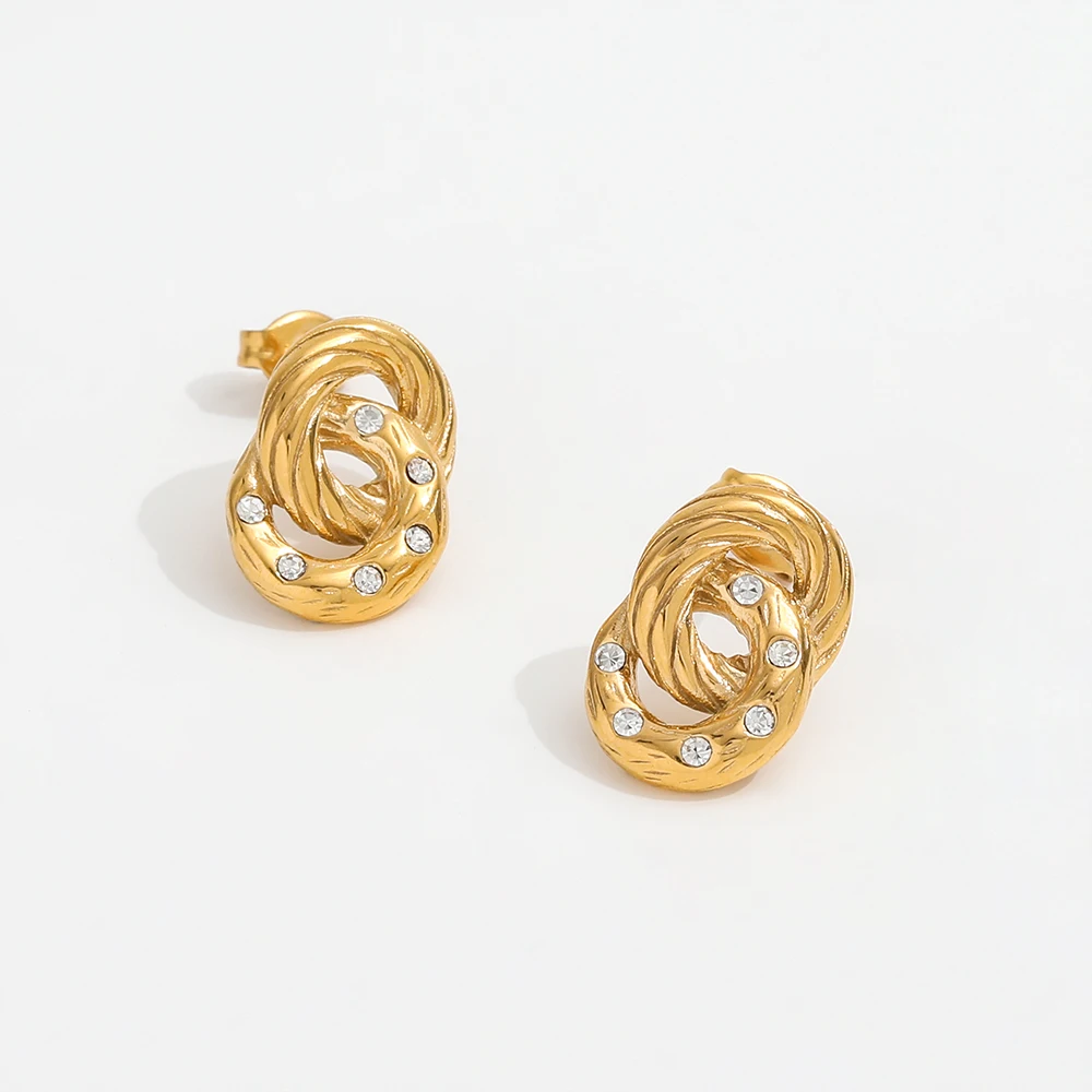 

JOOLIM Jewelry High End 18K Gold Plated AAA Zirconia Twist Circle Dangle Stud Stainless Steel Earrings Fashion Jewelry