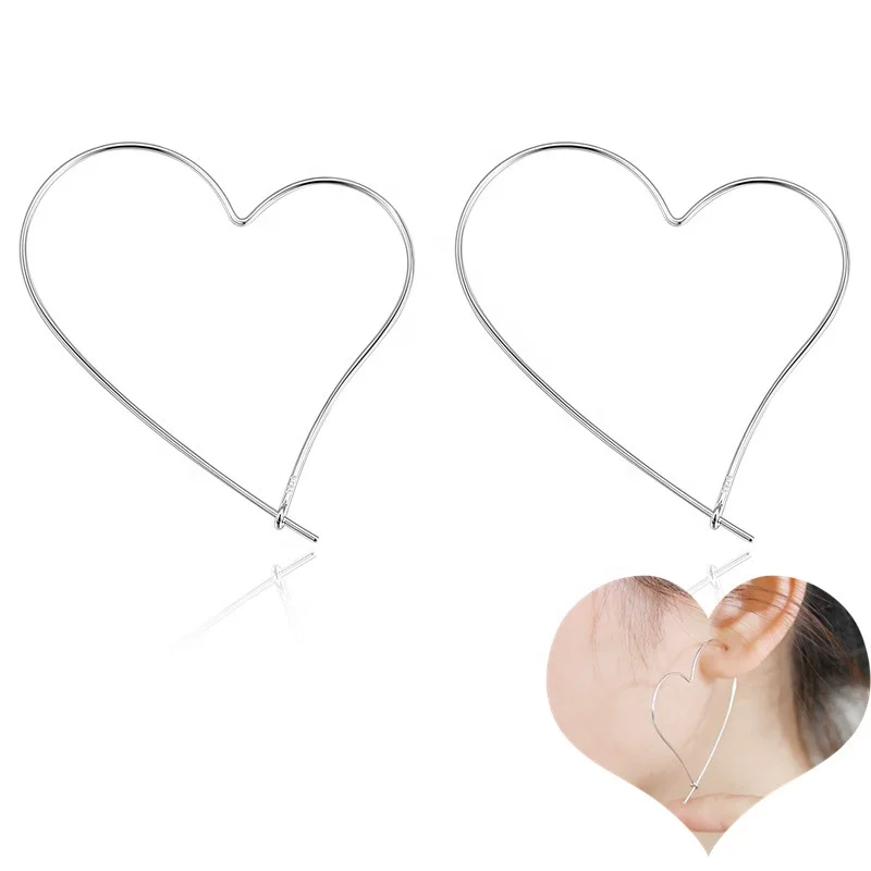 

55mm*45mm Wire Heart Hoop Earrings Sterling Silver 0.8mm Thin Ear Hoops Women, Silver, gold