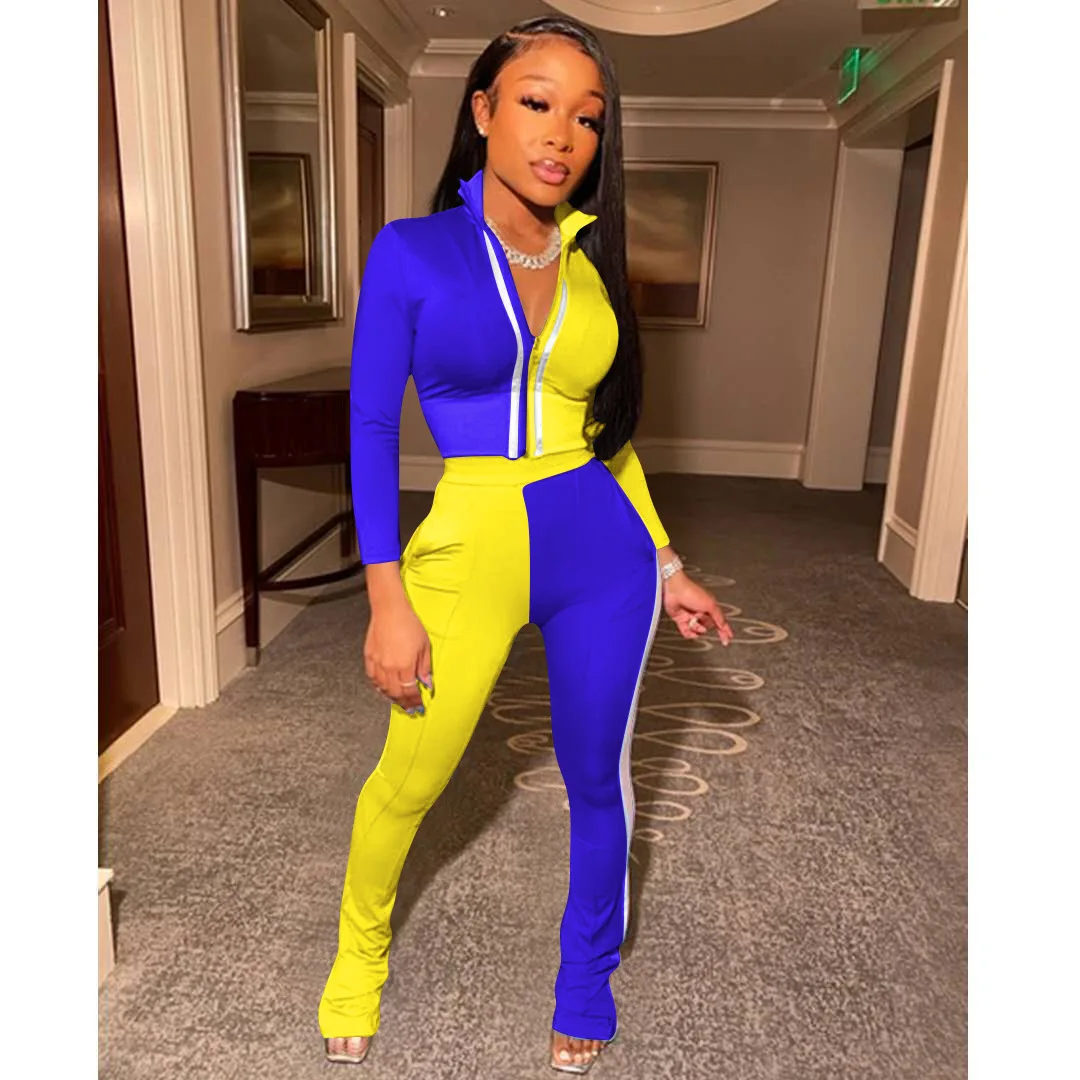 

Women Clothing Turndown Collar Color Block 2 Piece Set Outfit Pants Tracksuits Womens Joggers Suits Two Pieces Sets Outfits, Purple,black,blue