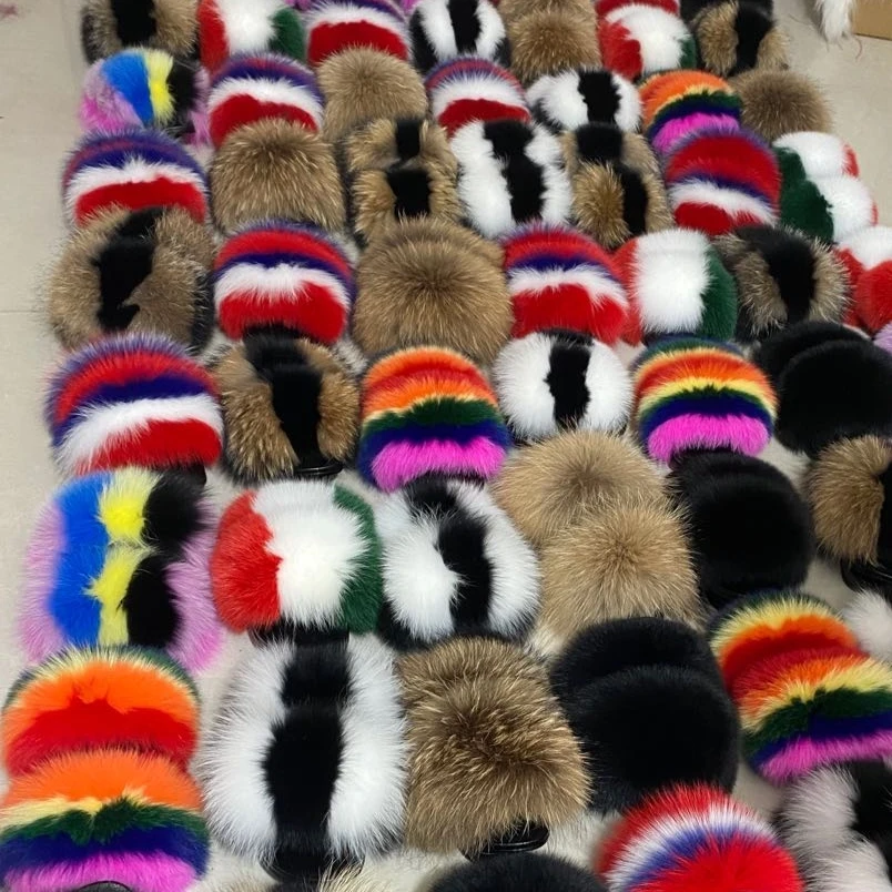 

2021 summer new fashion soft beach fox fur slippers ladies slippers, Customized color