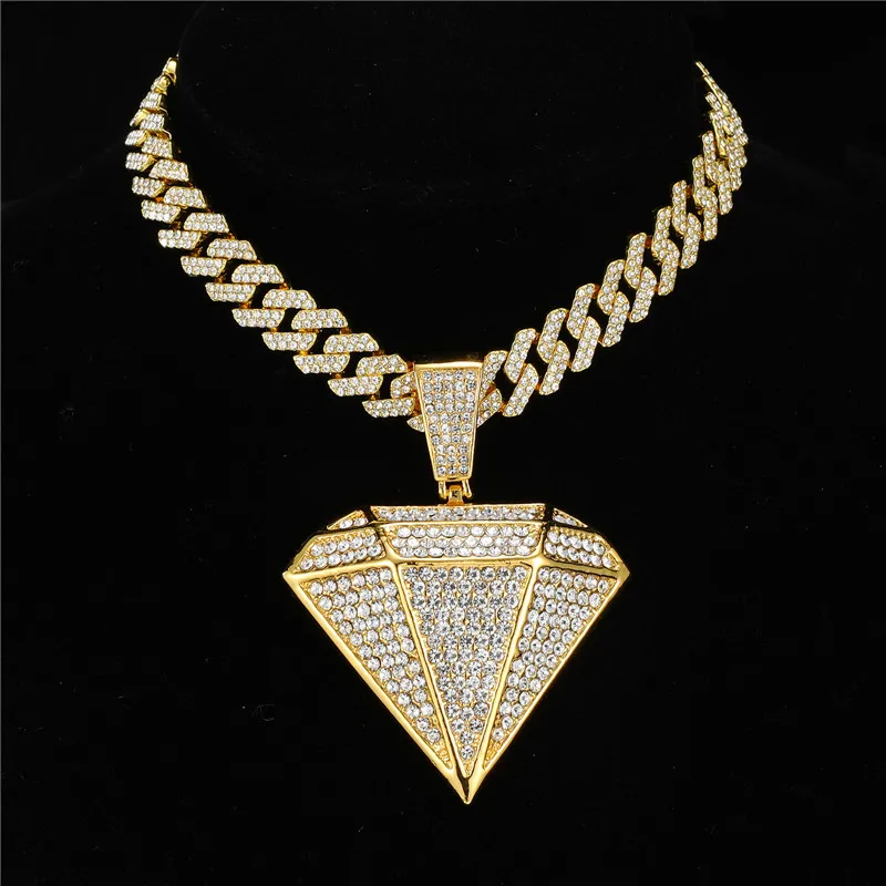 

Hip Hop Icy Bling Jewelry Men's LUXURY Gold Plated Rhinestone Diamond Shape Pendant With Prong Cuban Necklace CHAIN