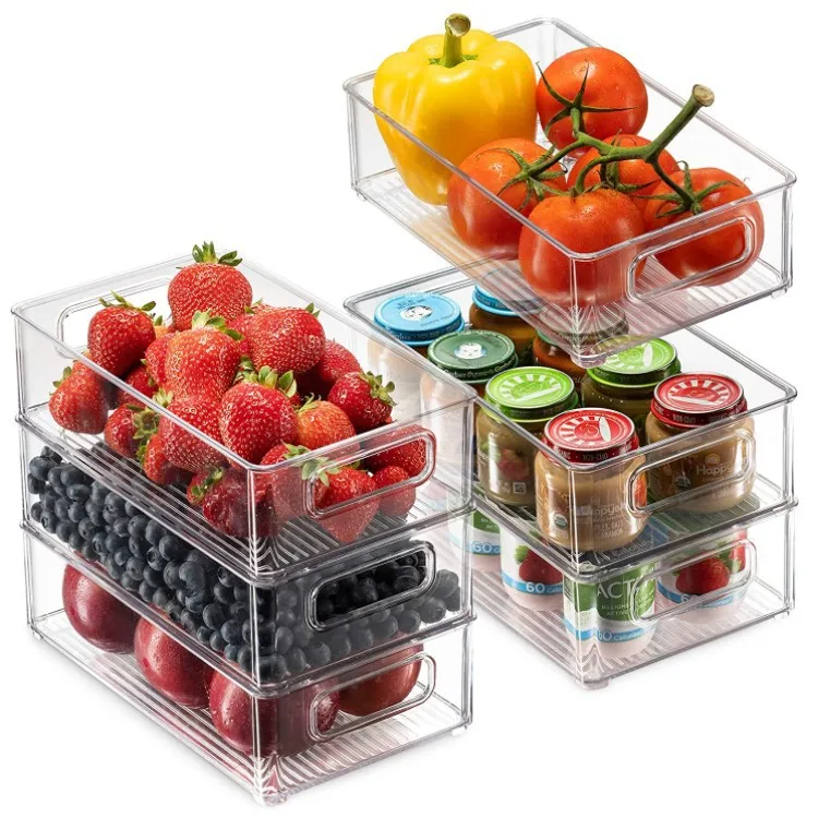 

6 Pack Kitchen Durable BPA-free Stackable Refrigerator Plastic Transparent Pantry Box Bin Fridge Storage Organizer with Handle