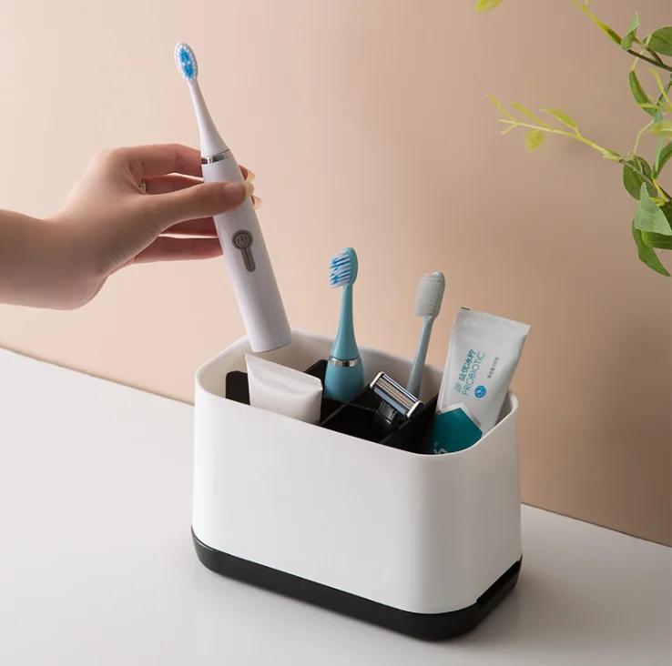 

Easy Store Toothbrush Holder Bathroom Storage Organizer Caddy plastic Toothbrush shelf, Black/grey