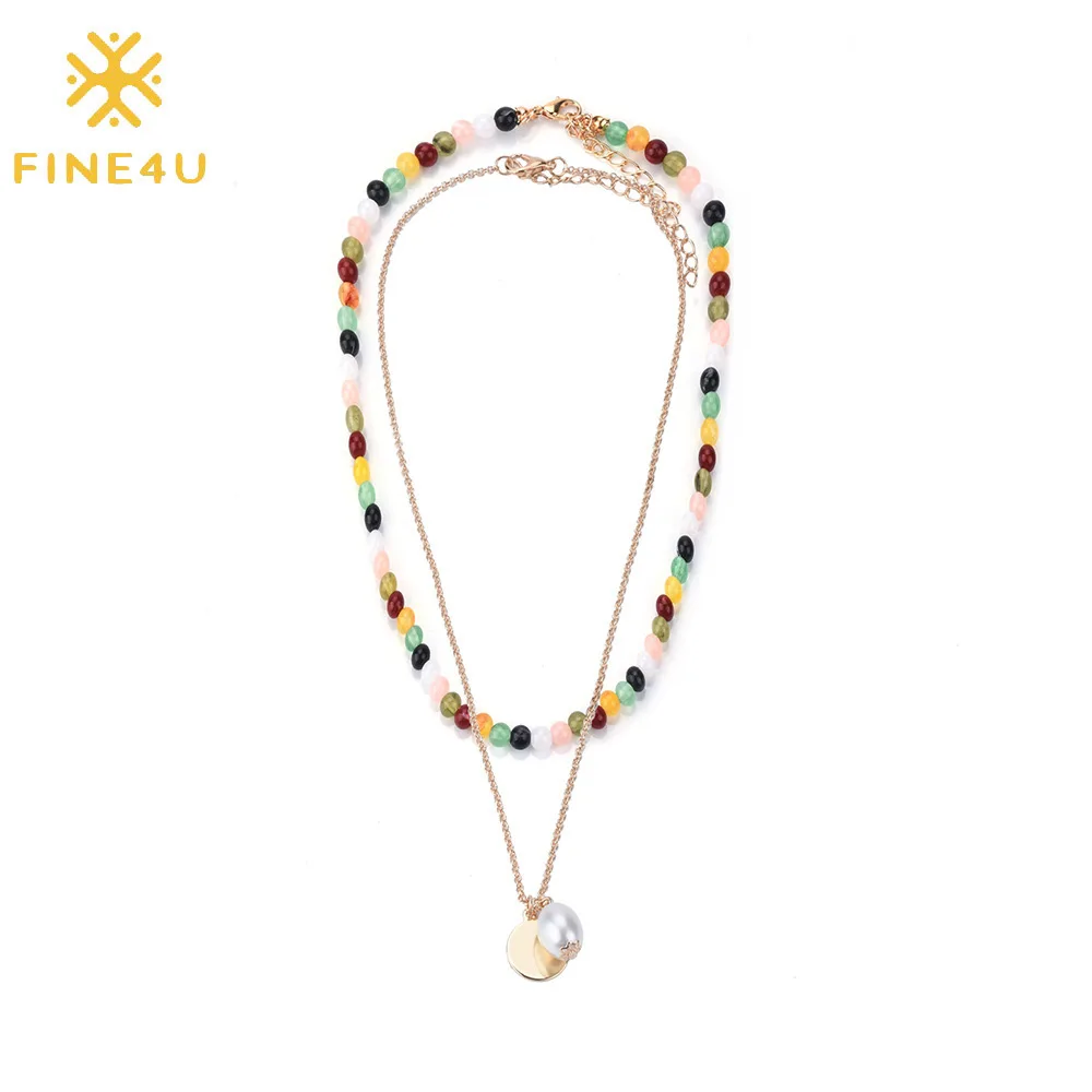 

Boho Jewelry Double Layered Long Glass Pearl Pendant Women Handmade Colorful Bead Necklace