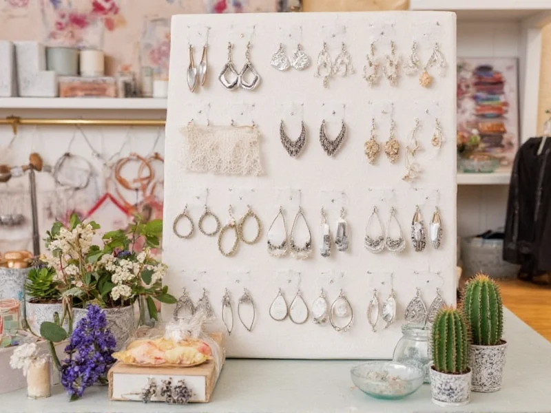 Fabric grid wall displaying handmade earrings at craft market