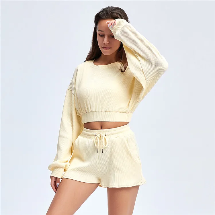 

Solid Color Two Piece Sweater And Shorts Set Women