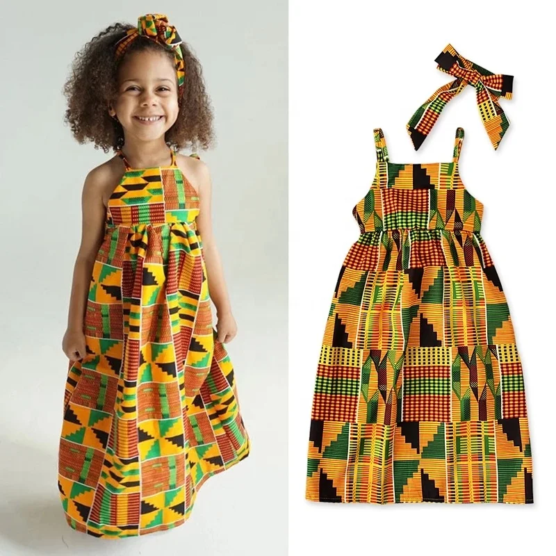 

Toddler Baby Girls African Print Off Shoulder Hair Band Princess Casual Dress custom Bohemia Style cotton sundress, As picture